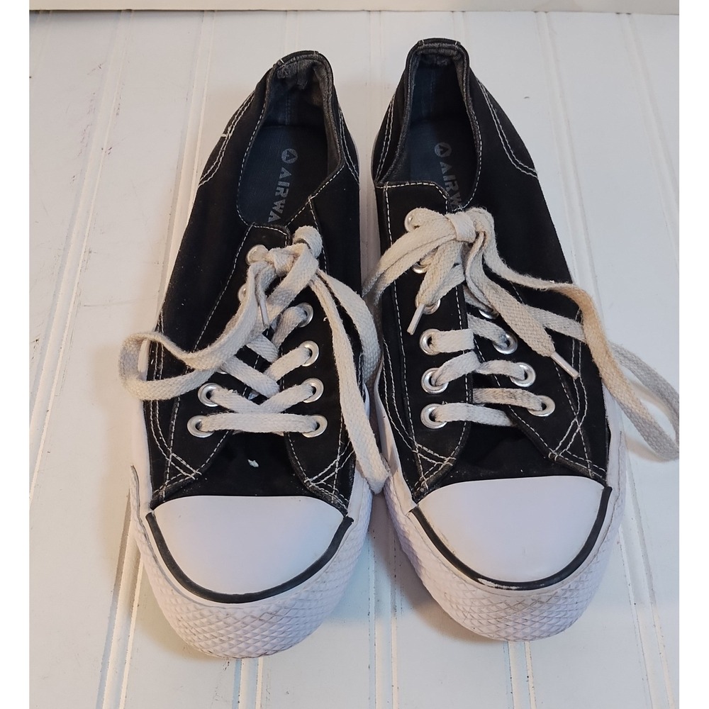 Airwalk Mens 7.5 Black Canvas Low Top Lace Up Sneakers Skater Streetwear Grunge
